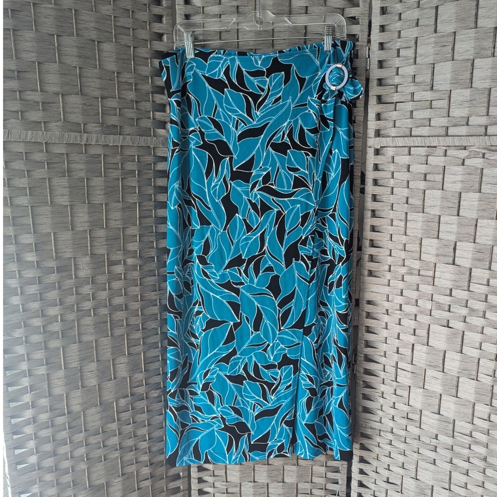 Chico's Travelers Wrap Look Maxi Skirt Teal Blue Black Leaves Botanical Sz‎ 2/ L